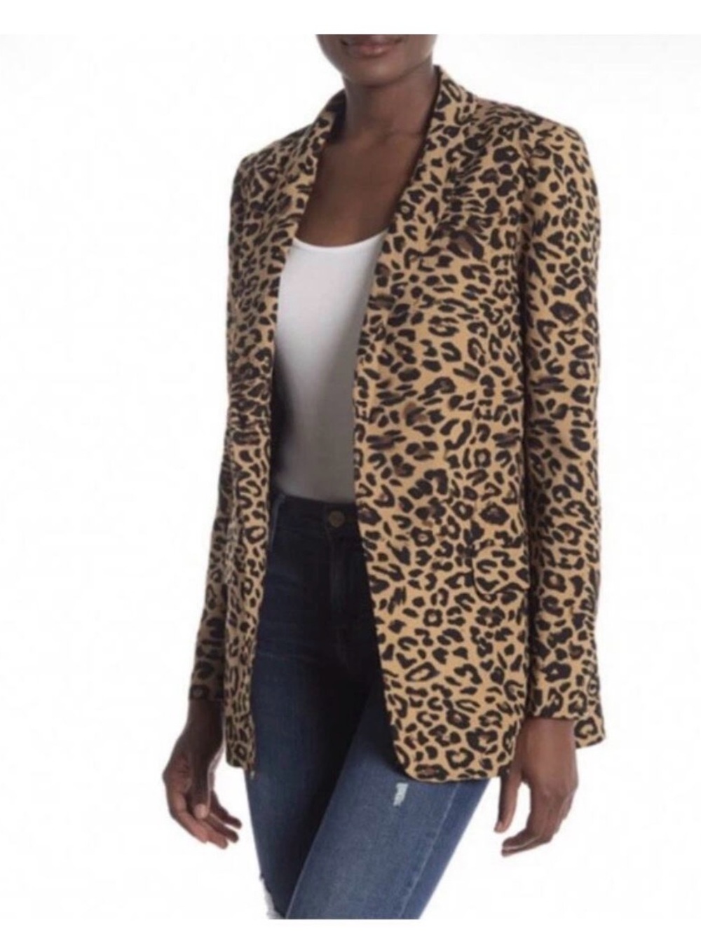 NWT ASTR Leopard Print Open-Front Boyfriend Blazer Jacket - Tan/Black - Small